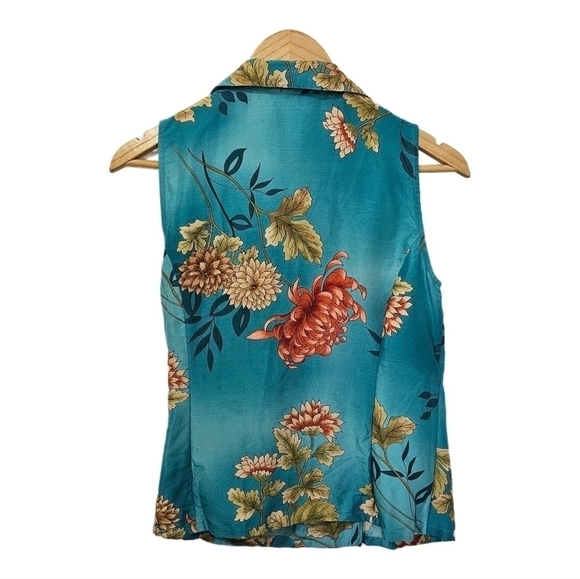 Silk floral teal wrap sleeveless collard top size small - Picture 8 of 11